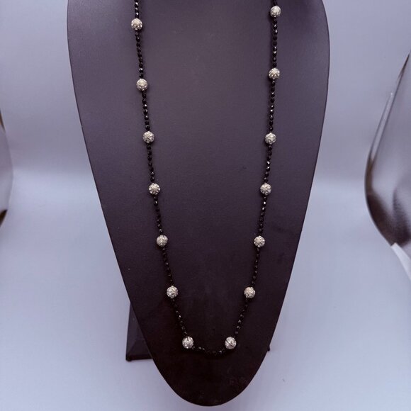 Black Faceted Beaded Clear Rhinestone Station Long Necklace Silver Tone - Picture 3 of 8